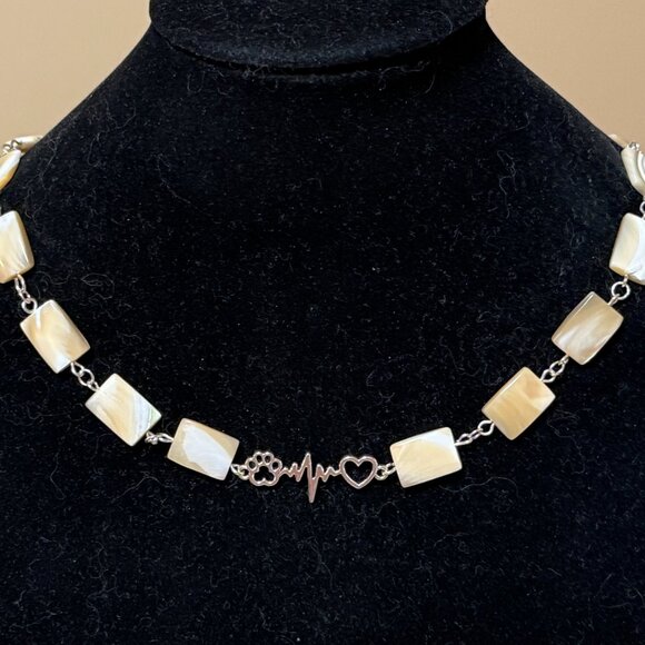 Rectangular Mother of Pearl Beaded Short Necklace + Paw Print Heart Beat Pendant - Picture 3 of 14